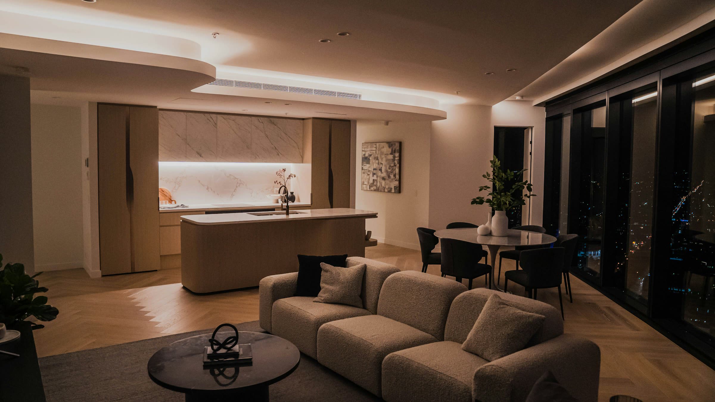 Serene high-floor Dubai interior with skyline view
